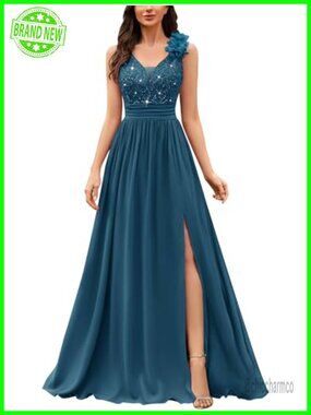 Miusol V-Neck Sequined Lace Evening Maxi Dress Sleeveless A-Line Formal